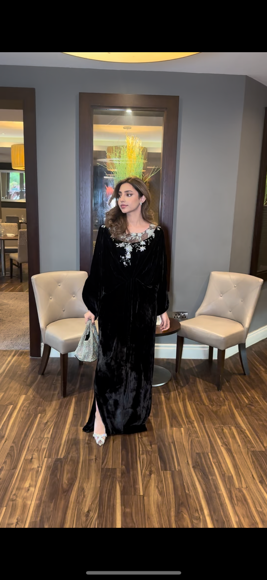 Pure velvet kaftan with sheer neckline