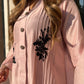 Pleated 3 piece shirt adorned with hand embroidered resham details and rhinestone buttons.