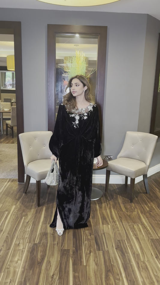 Pure velvet kaftan with sheer neckline